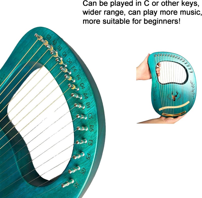 BORIYAM Lyre Harp, 16 Metal Strings,Whole Mahogany Body Made Without Splices, Easy to Carry Instrument, With Spare Strings, Bag，Picks, Tuning Lever, Music Manual(Blue) - Image 5